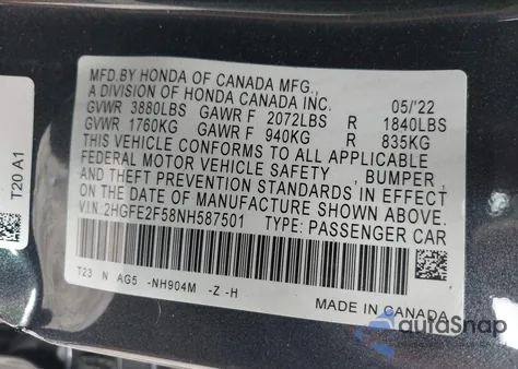 2022 Honda Civic Sport z USA, uszkodzony, nr VIN 2HGFE2F58NH587501